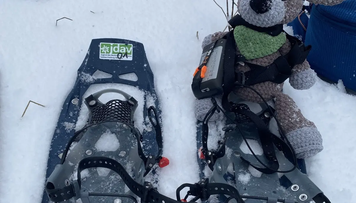 Das JDAV-Maskottchen Toni sitzt in Schneeschuhen, die auf dem verschneiten Boden stehen. | © DAV/Freiburg-Breisgau
